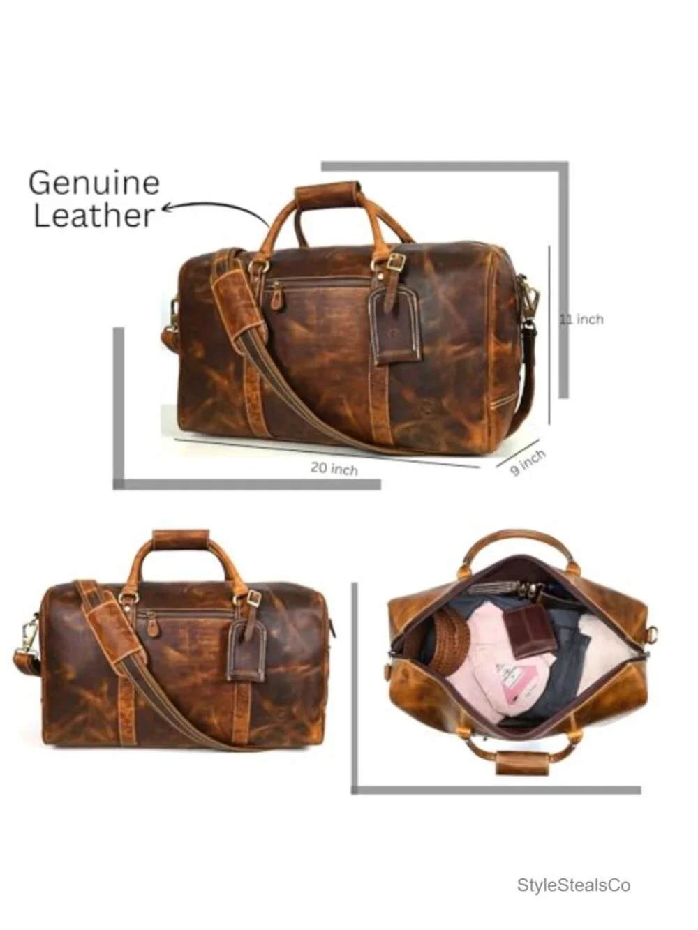 Leather Travel Duffel Bag - Gym Sports Airplane Carry-On Luggage